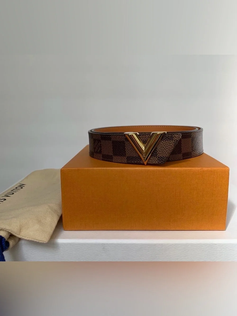 Louis Vuitton Brown Damier women’s Belt with Gold V Buckle